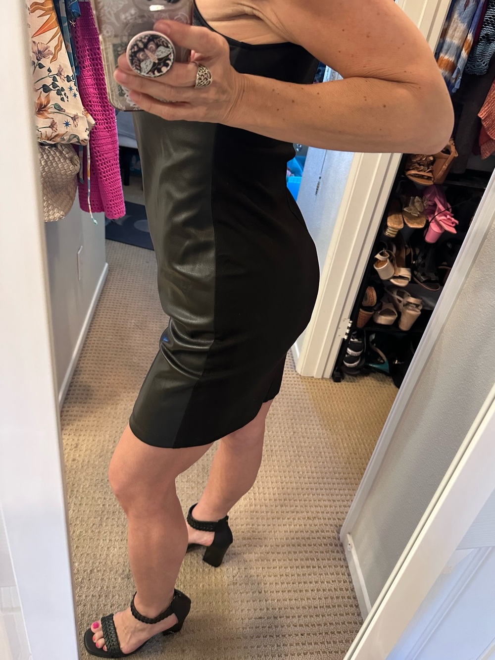 Faux Leather High Neck Shift Dress Minimal Chic Black Sleeveless - Picture 4 of 10